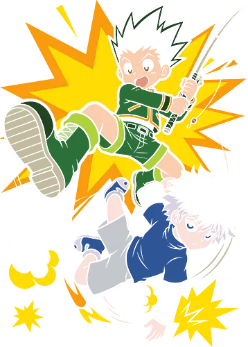 Hunter's Strike: The Dynamic Duo - Hunter x Hunter shirt, Gon and Killua merch, shonen anime streetwear, dynamic anime duo tee, action manga graphic, otaku clothing, retro anime pop art, anime best friends apparel, vibrant anime design, classic shonen tee