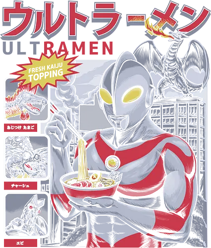 Ultraman isst Ramen-Nudeln vor dem Kampf gegen Kaiju (Parodie) - ultraman parody, ramen noodles, kaiju monster, tokusatsu hero, funny ramen, japanese superhero, anime food, noodle lover, giant monster, ultraman, retro japanese, japanese pop culture, superhero mashup, foodie humor, kaiju parody