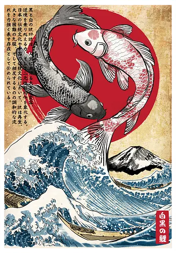 Koi balance in Japan - japan, japanese art, ying yang, great wave off kanagawa, animals, nature