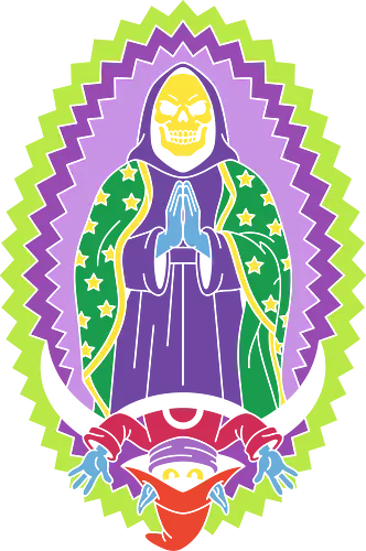 Our Lady of Eternia - Virgin of Guadalupe parody, funny 80s cartoon apparel, pop culture mashup tee, retro toy nostalgia clothing, meme streetwear fashion, Mexican prayer candle art, Saint Skeleton graphic, Orko and Skeleton design
