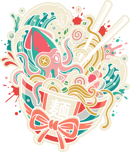 Surf & Slurp Ramen - kawaii ramen shirt, Japanese food graphic tee, cute squid apparel, pastel aesthetic streetwear, anime foodie clothing, ocean wave noodle design, seafood ramen merch, pop art food shirt, Japanese pop culture tee, slurp noodles graphic