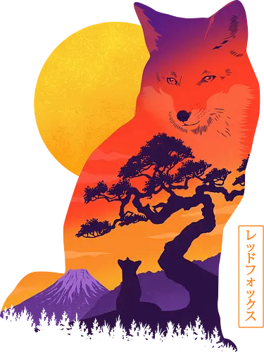 Red Fox - fox, animal, forest, japanese, kanji, mount fuji, nature, nostalgia, summer, sun, tree, ukiyoe, vintage, wildlife