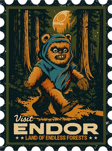 Land Of Endless Forests - forest moon, vintage travel poster, sci fi travel, woodland creature, moon forest, endless forests, retro poster, national park style, travel poster, forest adventure, cute forest creature, moonlit forest, space adventure, sci fi fantasy, retro illustration, vintage style, wilderness vibe, camping aesthetic, hiking lover, forest lover, adventure art, postcard style, rustic poster, off world travel, outer space nature, storybook creature, nostalgic art, screenprint texture, woodland wanderer, fantasy landscape, Space Opera, ewoks, moon, classic movie, cult movie
