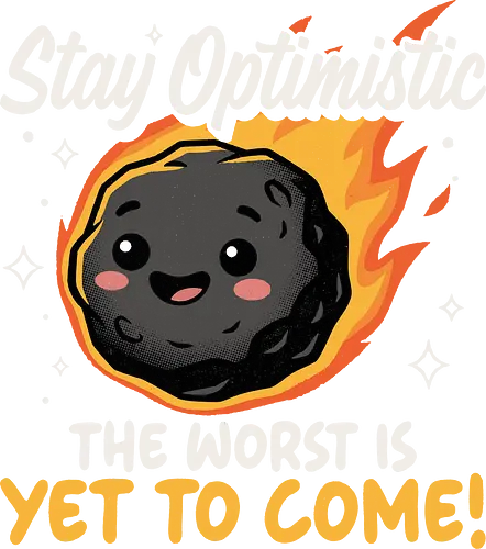 The Worst is Yet to Come - stay optimistic, worst is yet to come, dark humor, sarcastic quote, ironic quote, funny quote, doom humor, nihilist humor, cynical humor, optimism joke, motivational parody, cute but dark, kawaii humor, cute meteor, meteor, asteroid, space rock, comet, space humor, cosmic humor, end of the world, apocalypse joke, disaster humor, gallows humor, sarcastic, snarky, relatable humor, cartoon style, retro colors, funny gift