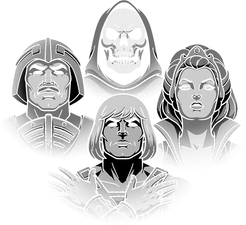 Bohemian of the Universe - "80s cartoon, retro cartoon, vintage animation, saturday morning cartoon, fantasy villains, villain team, skull villain, evil overlord, dark sorcerer, magic fantasy, retro toy vibes, nostalgic geek, 80s nostalgia, pop culture parody, inspired by 80s, cartoon style, grayscale art, dramatic portrait, villain aesthetic, cult cartoon, retro fandom, classic villains, sword and sorcery, barbarian hero, evil queen, hooded skull, spooky cartoon, nostalgic art, geek gift