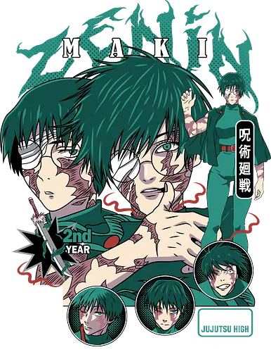 Maki Zenin JJK Unstoppable Force - maki zenin art, jujutsu kaisen fan, tokyo jujutsu high, action anime, anime poster style, otaku tee, dark green aesthetic, shonen manga