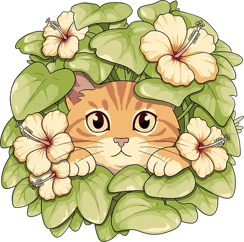 Garden Cat - cat, garden, botanical, plants, flowers, hibiscus, floral, nature, cottagecore, botanic, green, tropical, leaf, foliage, cute, kawaii, feline, pet, cozy, spring, illustration, aesthetic, vintage, whimsical, forest, bloom, peaceful, adorable, art, nursery