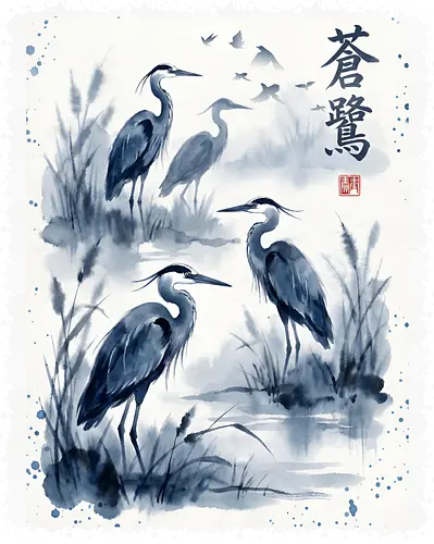 Blauer Kranich – Japanische Zen Aquarellkunst - Kranich, Japanischer Kranich, Sumi-e, Zen Kunst, Aquarell, Vogelkunst, Naturmotiv, Asiatische Kunst, Minimalismus, Wildlife, Wandkunst, Japan Stil, Tuschemalerei, Bird Art, Elegant