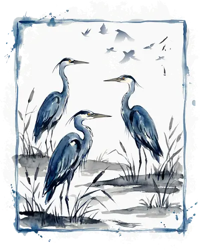 Minimalistischer Blaureiher – Japanische Aquarell Vogelkunst - Blaureiher, Reiher, Minimalismus, Japanische Kunst, Sumi-e, Aquarell, Vogelmotiv, Zen, Naturkunst, Asiatisches Design, Wildlife, Wandkunst, Ink Painting, Vogel Illustration, Japan Stil
