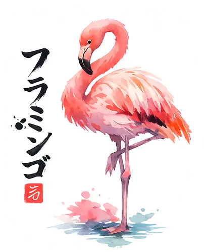Flamingo – Japanische Sumi-e Aquarellkunst - Flamingo, Japanische Kunst, Sumi-e, Aquarell, Tropenvogel, Vogel Illustration, Naturmotiv, Zen, Wildlife, Minimalismus, Asiatische Kunst, Bird Art, Rosa Flamingo, Wandkunst, Japan Stil