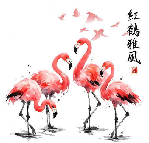 Rosa Flamingos – Japanische Aquarell Vogelkunst - Flamingo, Rosa Flamingo, Aquarell, Japanische Kunst, Tropenvogel, Vogelmotiv, Minimalismus, Naturkunst, Wildlife, Zen, Asiatische Kunst, Sommer, Bird Art, Wandkunst, Illustration