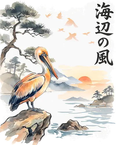 Japanischer Küstenvogel – Sumi-e Landschaft & Naturkunst - Pelikan, Küstenvogel, Japanische Landschaft, Sumi-e, Aquarell, Vogelkunst, Meer, Zen, Naturmotiv, Asiatische Kunst, Wildlife, Sonnenuntergang, Japan Stil, Wandkunst, Illustration