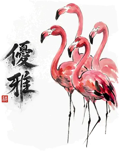 Flamingos – Japanischer Zen Aquarellstil - Flamingo, Flamingos, Zen Kunst, Japanische Kunst, Aquarell, Sumi-e, Tropenvogel, Vogel Illustration, Naturmotiv, Minimalismus, Wildlife, Bird Art, Asiatische Kunst, Rosa Vogel, Wandkunst