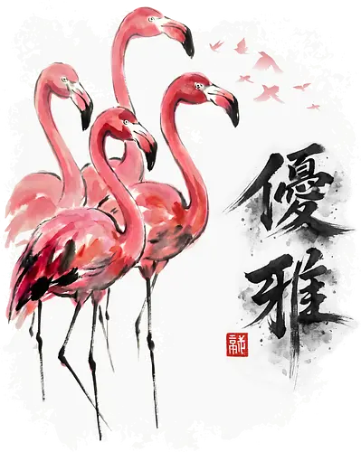 Elegante Flamingos – Japanische Tuschemalerei & Aquarell - Flamingos, Japanische Kunst, Tuschemalerei, Sumi-e, Aquarell, Tropenvögel, Vogelmotiv, Naturkunst, Zen, Asiatische Kunst, Wildlife, Rosa Flamingo, Bird Art, Wandkunst, Illustration