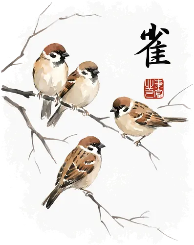 Japanische Sperlinge – Sumi-e Vogelkunst mit Aquarell - Sperling, Japanische Kunst, Vogelmotiv, Sumi-e, Tuschemalerei, Aquarell, Naturkunst, Zen, Asiatische Kunst, Wildlife, Minimalismus, Wandkunst, Bird Art, Japan Stil, Illustration