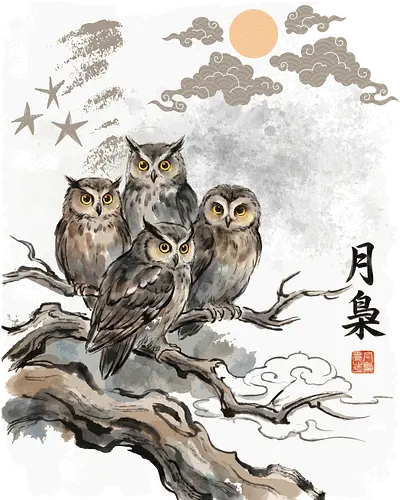 Japanische Eulen im Mondlicht – Vintage Sumi-e Naturkunst - Eule, Japanische Eule, Sumi-e, Mond, Vintage Kunst, Naturmotiv, Waldvogel, Zen Kunst, Tuschemalerei, Aquarell, Vogel Illustration, Japan Stil, Tierkunst, Asiatische Kunst, Wildlife