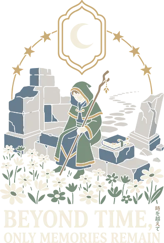 Beyond Time: The Wandering Mage - Frieren inspired shirt, fantasy anime graphic tee, wandering mage apparel, cozy RPG streetwear, aesthetic otaku clothing, pastel fantasy design, nostalgic anime merch, wizard ruins illustration, Japanese text aesthetic shirt, cottagecore anime fashion - Standard T-Shirt