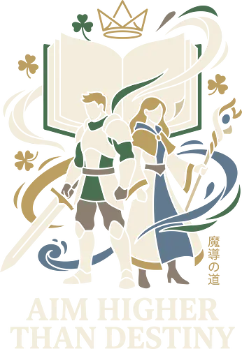 Aim Higher: The Knight and The Mage - fantasy anime shirt, magic knight graphic tee, RPG streetwear apparel, Asta and Yuno merch, Black Clover inspired design, minimalist anime clothing, shonen anime duo, aesthetic otaku fashion, magical grimoire tee, Japanese text fantasy shirt - Standard T-Shirt