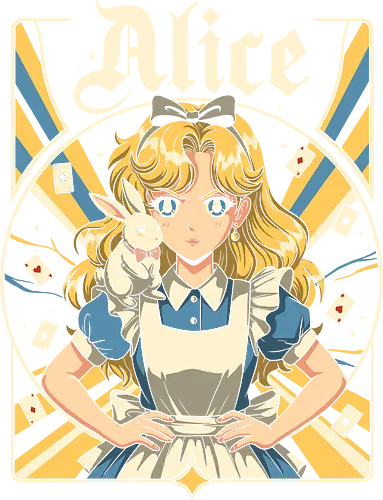 Alice - alice, wonderland, fantasy, fairytale, rabbit, magic, storybook, anime, manga, kawaii, retro, vintage, geek, classic, adventure, curious, dream, dreamy, whimsical, fantastic, tea, queen, cards, aesthetic, illustration, art, magical, nostalgia, fable, fairy - Standard T-Shirt