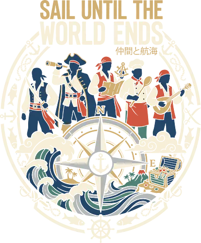 Sail Until the World Ends: The Pirate Crew - pirate crew shirt, anime pirate graphic tee, nautical adventure apparel, vintage compass design, ocean wave streetwear, sailor aesthetic clothing, One Piece inspired tee, Japanese text graphic shirt, treasure hunting merch, classic pirate illustration - Standard T-Shirt