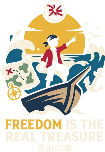 Freedom is the Real Treasure - pirate adventure shirt, anime sailing graphic tee, freedom quote apparel, One Piece inspired design, nautical streetwear, retro ocean wave shirt, treasure map graphic, Japanese text pirate merch, minimalist anime fashion, wanderlust clothing - Standard T-Shirt
