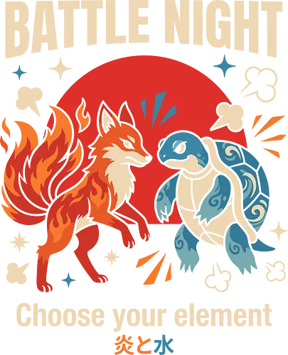 Battle Night: Fire vs. Water - retro gaming shirt, monster battle graphic tee, fire fox apparel, water turtle design, nostalgic 90s gamer streetwear, choose your element clothing, elemental anime fashion, Japanese pop art shirt, vintage video game merch, cute monster fight tee - Standard T-Shirt