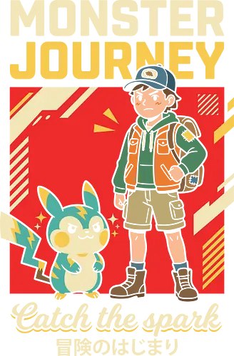 Monster Journey: Catch the Spark - retro gaming shirt, 90s anime apparel, monster catching graphic tee, vintage gamer streetwear, electric mouse design, nostalgic anime clothing, kawaii adventure fashion, Japanese pop art shirt, otaku lifestyle tee, catch the spark graphic - Standard T-Shirt