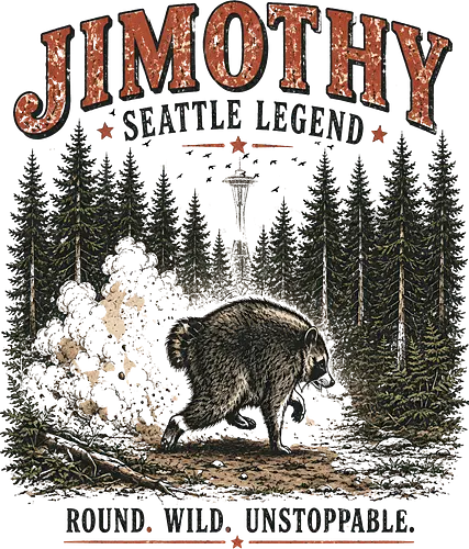 Jimothy Waschbär – Seattle Legende | Wild & Unaufhaltsam - Jimothy Waschbär, Seattle, Waschbär, Seattle Legende, Pacific Northwest, Wald, Wildtier, Space Needle, Vintage Design, Retro Stil, Tiermotiv, Natur, USA, Outdoor, Tierliebhaber - Standard T-Shirt