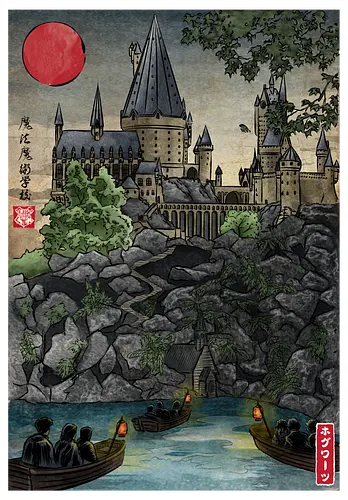 School of witchcraft and wizard woodblock - fantasy, wizard, ukiyo e, howarts, magic, castle, series, japanese art - Standard T-Shirt