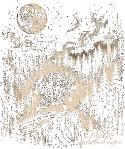 Jimothy Waschbär – Seattle Feral Legend Vintage im Mondlicht - Jimothy, Waschbär, Seattle, Ballard, Washington, Pacific Northwest, Vintage, Retro, Vollmond, Wald, Space Needle, Kupferstich, Natur, Wildlife, Abenteuer - Standard T-Shirt