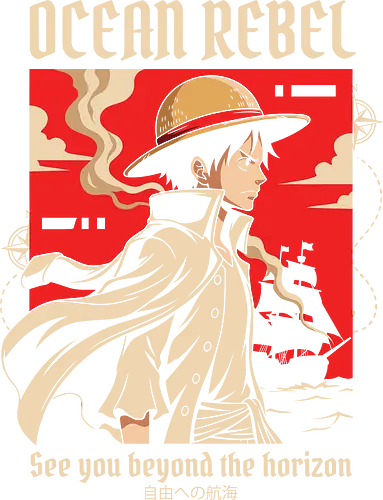 Ocean Rebel - Luffy graphic shirt, pirate captain apparel, Ocean Rebel streetwear, retro anime poster design, shonen manga clothing, Straw Hat pirate merch, aesthetic otaku fashion, Japanese nautical graphic, red anime silhouette tee - Standard T-Shirt