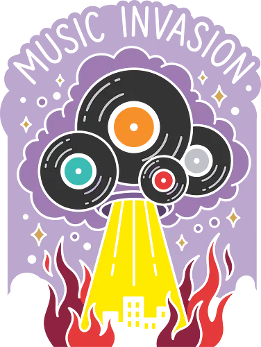 Music Invasion: The Vinyl Saucer - music invasion shirt, vinyl record graphic tee, UFO alien apparel, retro music streetwear, DJ clothing, sci fi pop art, alien abduction design, vintage record collector merch, quirky indie fashion, burning city music graphic - Standard T-Shirt