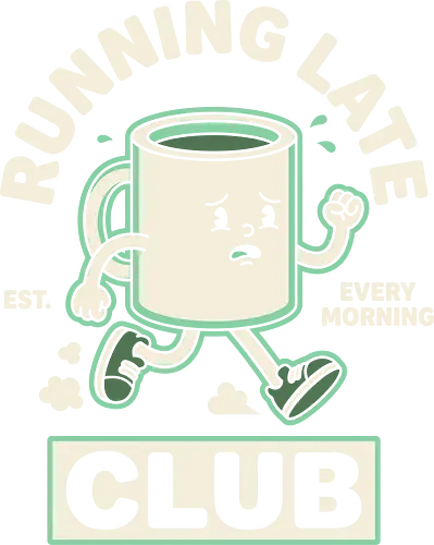 Running Late Club: The Tired Coffee Mug - running late club shirt, funny coffee graphic tee, retro rubber hose cartoon, vintage mascot apparel, pastel green aesthetic clothing, relatable morning humor shirt, tired coffee mug design, quirky streetwear fashion, caffeine lover merch, everyday struggle graphic - Standard T-Shirt