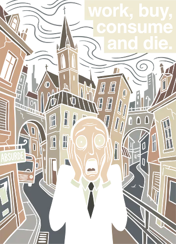 Absurd Existence: The Modern Scream - The Scream parody shirt, anti capitalist graphic tee, existential dread apparel, funny art history merch, work buy consume die, sarcastic corporate clothing, modern art mashup, ironic streetwear design, absurdism philosophy shirt, dark humor aesthetic tee - Standard T-Shirt