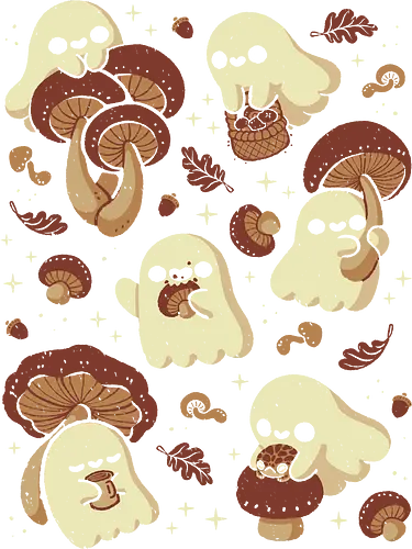 Cute Ghosts with Autumn Mushrooms - cute ghost, mushroom, autumn, fall, fungi, kawaii ghost, cozy, autumn leaves, spooky, rain frog, october, pattern, seamless, xmorfina - Standard T-Shirt