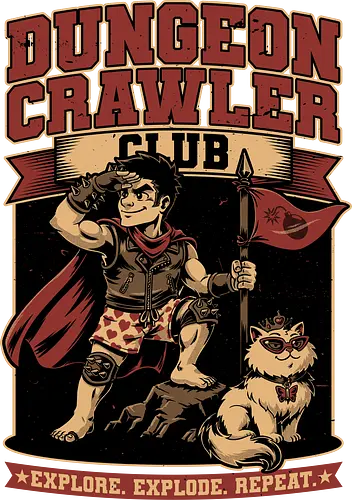 Dungeon Crawler Club - Nerd, Geek, Fantasy, Adventure, Rpg, Litrpg, Book, Books, Bookworm, Science Fantasy, Science Fiction, Scifi, Cat, Pet, Donut, Funny, Post-apocalyptic, Apocalypse, Post Apocalyptic, Apocalyptic Cats, Postapocalypse, Post-apocalypse, Vintage, Retro, Retro Vintage, Retro Advertising, Retro Publicity, Club, Group, Squad, Exploration, Exploring, Explore, Explorer, Explosion, Explosive, Repeat - Standard T-Shirt