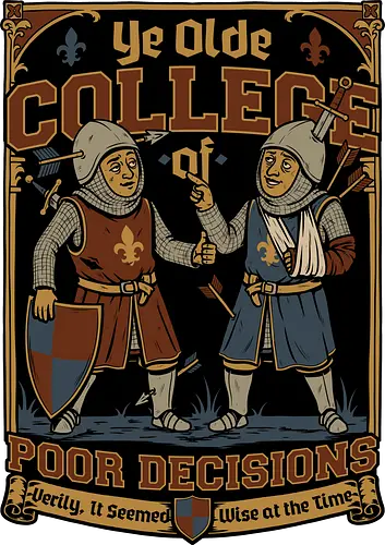 Medieval Knight College - Medieval, Knights, Knight, College Humor, College, Retro College, College Parody, University, University Shirt, Fake University, Decisions, Bad Decisions, Decision, Wise, Warrior, War, Fight, Battle, Fun, Funny, Rpg, Role-play, Role-playing, Roleplay Game, Role-playing Game, Critical Role, Roleplay, Roleplaying, D20, Roleplaying Game, Pen and Paper, Dungeon Master, Pen and Paper, Pen and paper, Dungeon, Fantasy, Adventure, Mascot, Meme - Standard T-Shirt