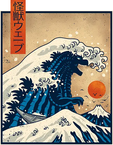 The Great Wave of Kaiju / Kaiju Wave - kawagawa, waves, kaiju, summer, retro, vintage, art, classic, monster, ocean, sunset, Kaiju, Große Welle, Hokusai, Japan, Japanische Kunst, Ukiyo-e, Monster, Popkultur, Mashup, Retro, Vintage, Anime, Manga, Kanagawa - Fairtrade T-Shirt