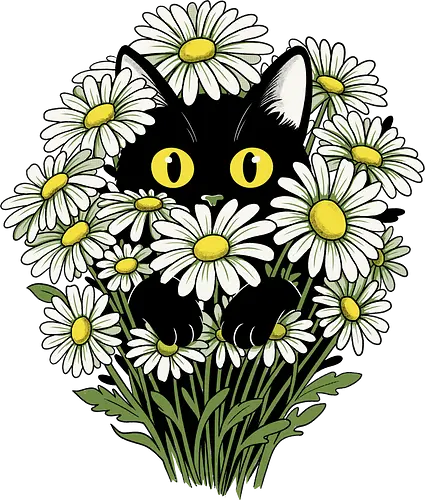 Botanical Cat - cat, black, botanical, flowers, floral, daisy, cottagecore, nature, garden, spring, cute, kawaii, animal, feline, pet, vintage, retro, aesthetic, cozy, forest, bloom, green, minimal, whimsical, illustration, art, charming, peaceful, nursery