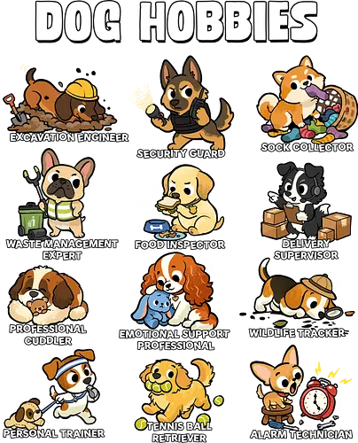 Dog Hobbies - dog, animal, dog dad, dog lover, dog mom, dogs, funny, hobbies, hobbies interests, hobby, joke, meme, pet, pets, puppy