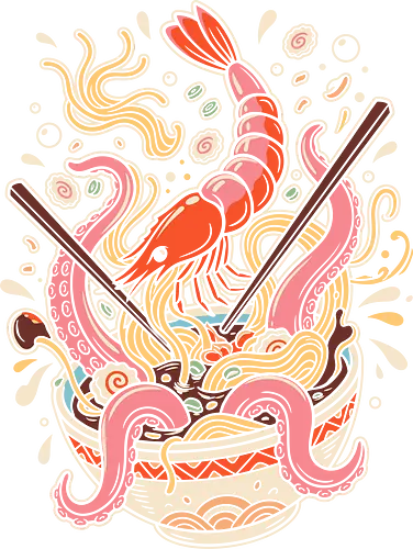 Seafood Symphony: The Kraken's Ramen - Japanese ramen shirt, seafood noodle graphic tee, octopus tentacles apparel, funny foodie streetwear, kawaii ramen design, shrimp and noodles shirt, Japanese pop art clothing, slurp noodles merch, retro food aesthetic, chaotic ramen bowl tee