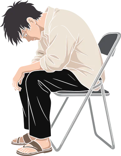 The Weight of the World: Folding Chair - Shinji chair graphic tee, sad anime boy merch, minimalist anime streetwear, psychological anime apparel, 90s retro anime clothing, aesthetic otaku fashion, folding chair meme design, retro sci fi anime shirt, depressed anime character