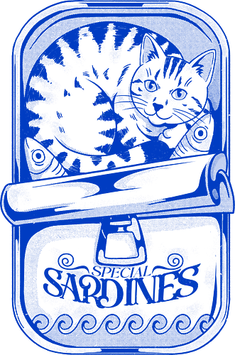 Sardines - cat, sardines, fish, feline, pet, cute, kawaii, funny, humor, vintage, retro, food, seafood, ocean, marine, graphic, illustration, classic, nostalgia, quirky, blue, animal, design, cozy, creative, sticker, streetwear, collector, playful, minimal