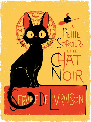 Black Cat & Little Witch - Vintage Parisian Anime - black cat poster art, vintage french cat art, art nouveau cat print, famous anime, Hayao Miyazaki, Chat Noir poster, Tournée du Chat Noir, art nouveau anime, witch and cat anime, paris cabaret cat art, flying witch anime art, delivery service art, classic anime cat tee, retro cat poster art, young witch anime print, nostalgic anime art, cute black cat shirt, vintage anime poster, anime cat companion art, french art nouveau anime