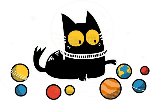 Cat Among the Planets - Space Kitten - black cat, kitten, planets, solar system, funny cat, astronaut, space cat, galaxy, earth, cute, science, colorful, cosmos, cosmic, universe