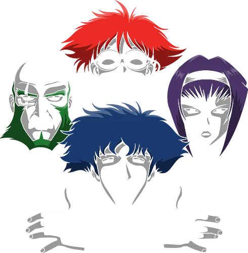Space Cowboys Quartet - Anime Rock Mashup Art - space bounty hunters art, anime rock mashup tee, four faces anime art, classic anime geek shirt, space western anime art, jazz anime cult print, sci-fi bounty hunter art, anime quartet portrait, cult anime 90s art, space cowboy geek tee, rock music anime mashup, retro anime portrait art, classic anime crew art, existential anime print, space opera geek shirt