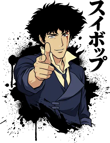 Space Cowboy's Farewell - space cowboy graphic, anime finger gun design, retro 90s anime apparel, edgy otaku streetwear, Japanese text anime shirt, classic sci-fi manga clothing, ink splatter anime art, vintage anime fashion, Spike shirt, Cowboy tee