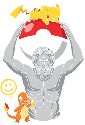 Atlas of the Catch: Classical Graffiti Mashup - funny pocket monster shirt, Atlas statue graphic tee, pop culture mashup apparel, Pikachu and Charmander merch, classical art parody clothing, retro 90s gaming streetwear, urban graffiti anime design, aesthetic greek statue shirt, nostalgic gamer fashion, funny anime crossover tee