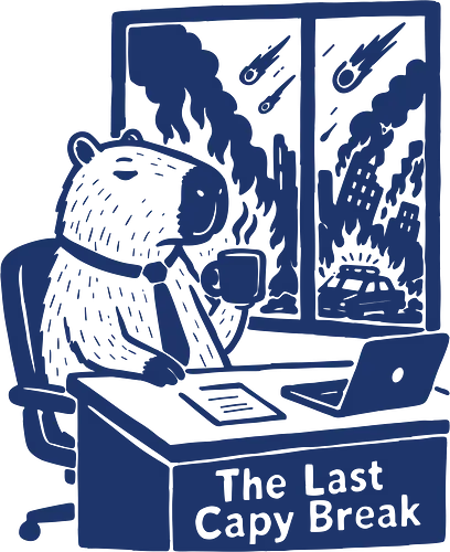 The Last Capy Break - capybara, capybara art, funny capybara, the last capy break, coffee break, office humor, work humor, apocalypse, cozy apocalypse, end times, funny animal, animal illustration, chill capybara, unbothered, caffeine, coffee lover, disaster humor, dark humor, cozy chaos
