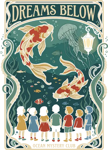 Ocean Mystery Club - vintage aquarium shirt, Art Nouveau graphic tee, ocean mystery club merch, Koi fish apparel, aesthetic marine biology design, whimsical children illustration, retro ocean streetwear, magical underwater poster, nostalgic sea life clothing, classic book cover tee